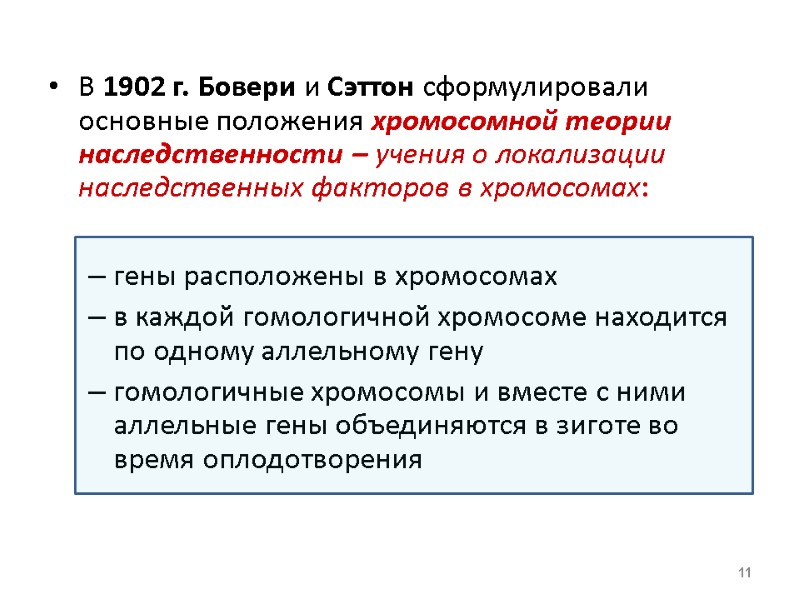 В 1902 г. Бовери и Сэттон сформулировали основные положения хромосомной теории наследственности – учения